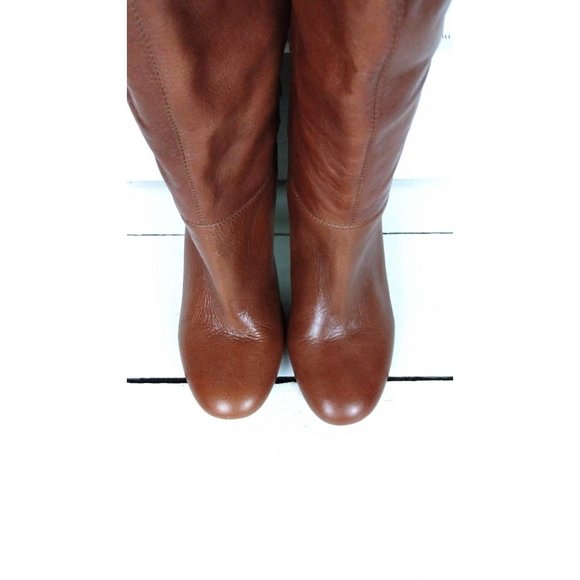 90s brown tall cuffed high heel leather boots rounded toe boots - Picture 3 of 7